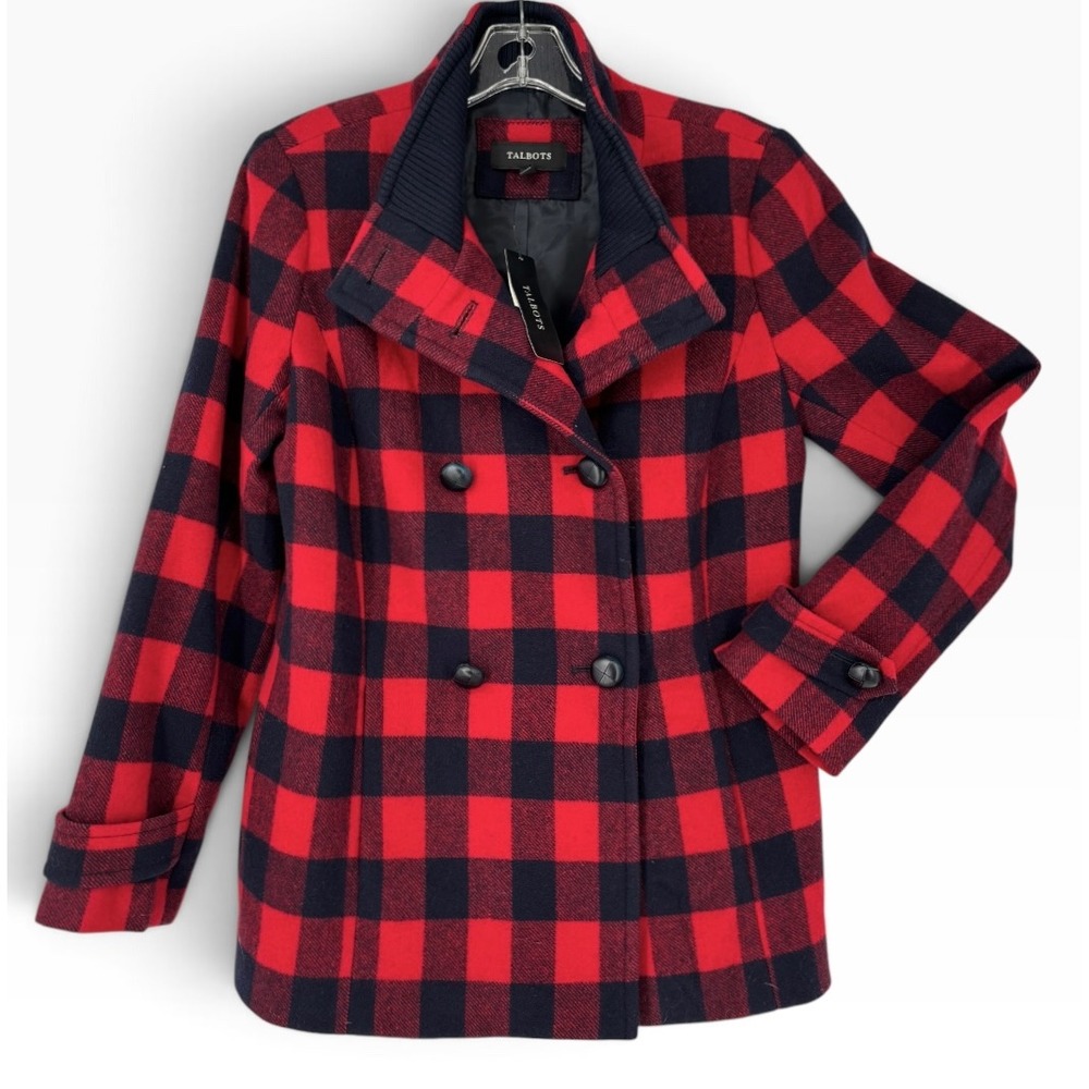 Talbots Pea Coat Womens 2 Red Black NEW Buffalo Plaid Wool Blend Double Breasted